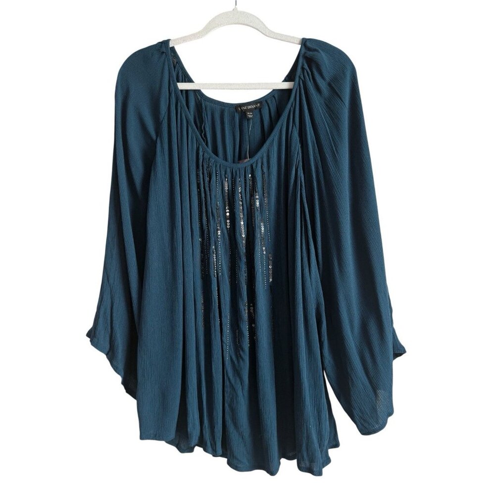 Lane Bryant Jade Green 3/4 Sleeve Blouse Womens Size 18/20 Sequin Flowy Boho NEW
